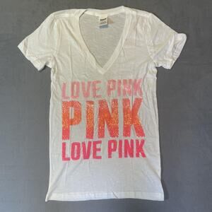 Victoria's Secret Pink Shirt Womens Medium White Sequin Love Pink Tee V Neck